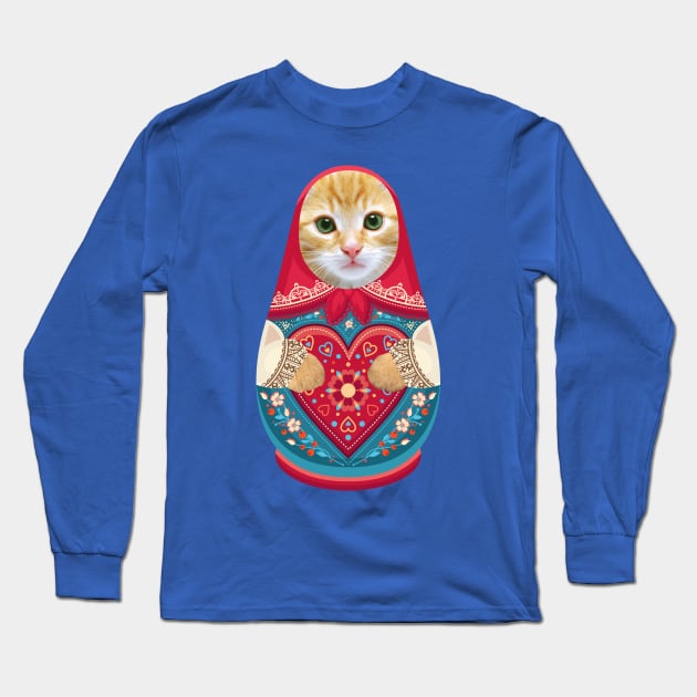 Russian Doll Matryoshka with Cat Face and Fluffy Paws Long Sleeve T-Shirt by XOZ